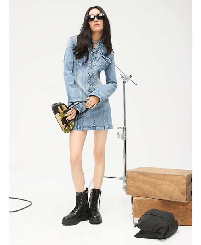 Stretch Denim Lace-Up Mini Dress